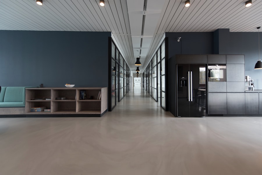 Open-plan office with rows of desks